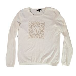 Anne Klein Women's Cream Gold Rhinestone Lion Long Sleeve Sweater‎ Medium